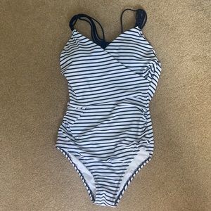 Navy and white striped one piece with ruching